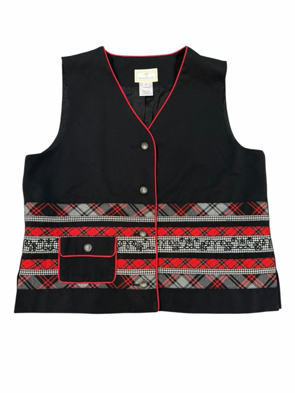 Susan Bristol Black Vest Plaid Trim Vintage-Inspired Button Front Size M‎
